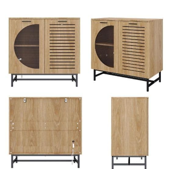 最終値下げ　キャビネット サイドボード LEDライト付き 両開き扉収納 木目調