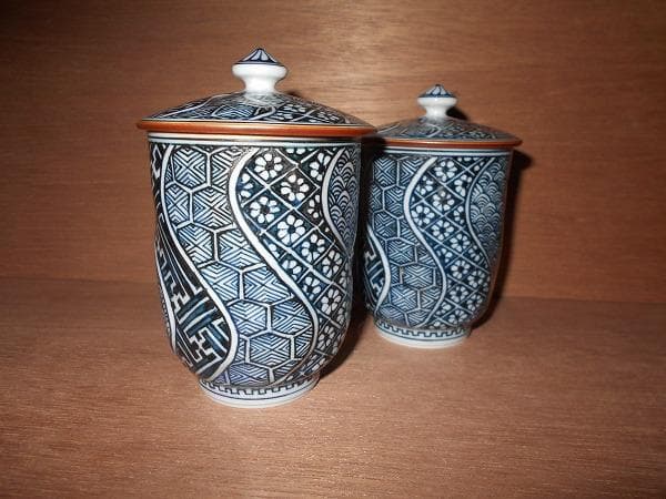 京焼　清水焼　捻彫小紋　湯呑　平安　光泉　:　夫婦湯呑　組湯呑　蓋付湯呑