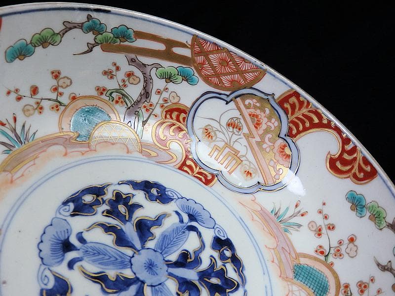 古伊万里　色絵 　窓絵　双葉葵に源氏香　竹垣に松の図　深鉢　D286AS-CEp