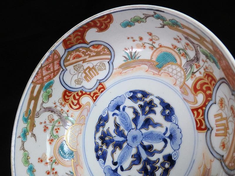 古伊万里　色絵 　窓絵　双葉葵に源氏香　竹垣に松の図　深鉢　D286AS-CEp