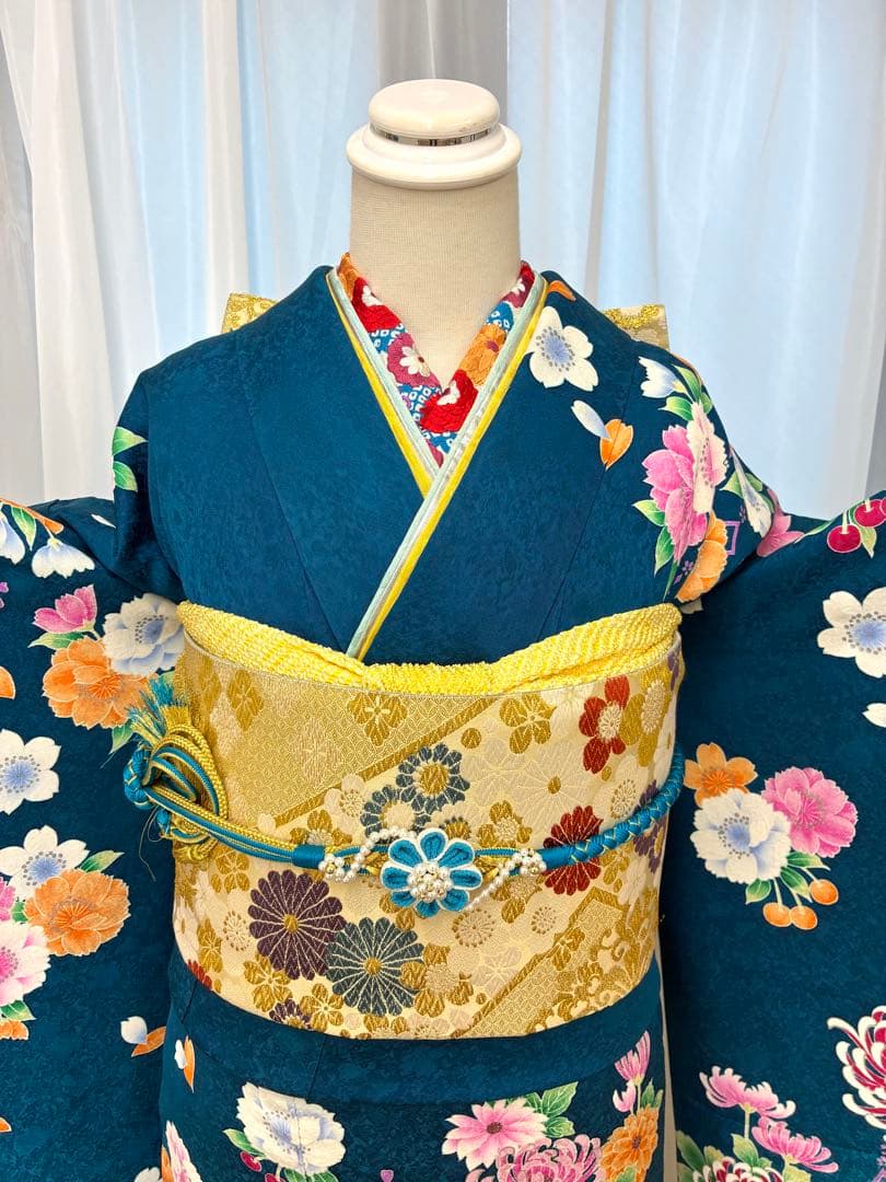 成人式　振袖フルセット　1138 渋み青色　　正絹　振袖　格安！
