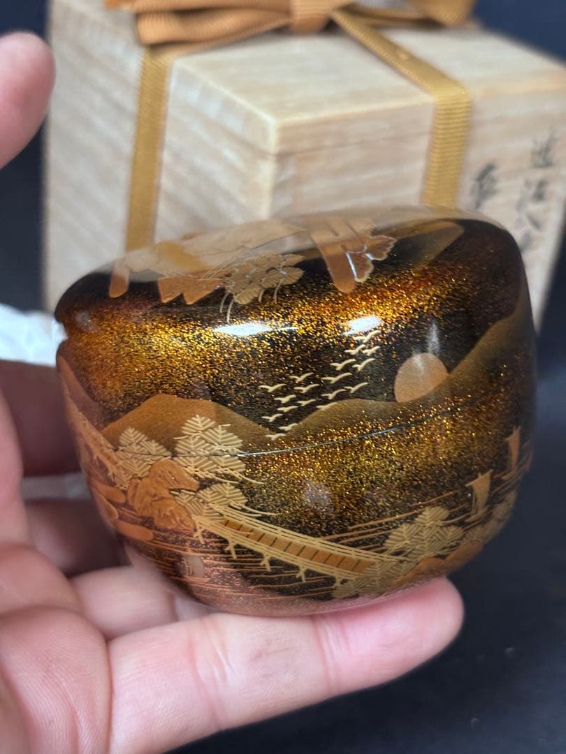 送料無料　近江八景　平棗　金蒔絵　輪島塗　名工　福久清一　在銘　蒔絵　漆器茶道具