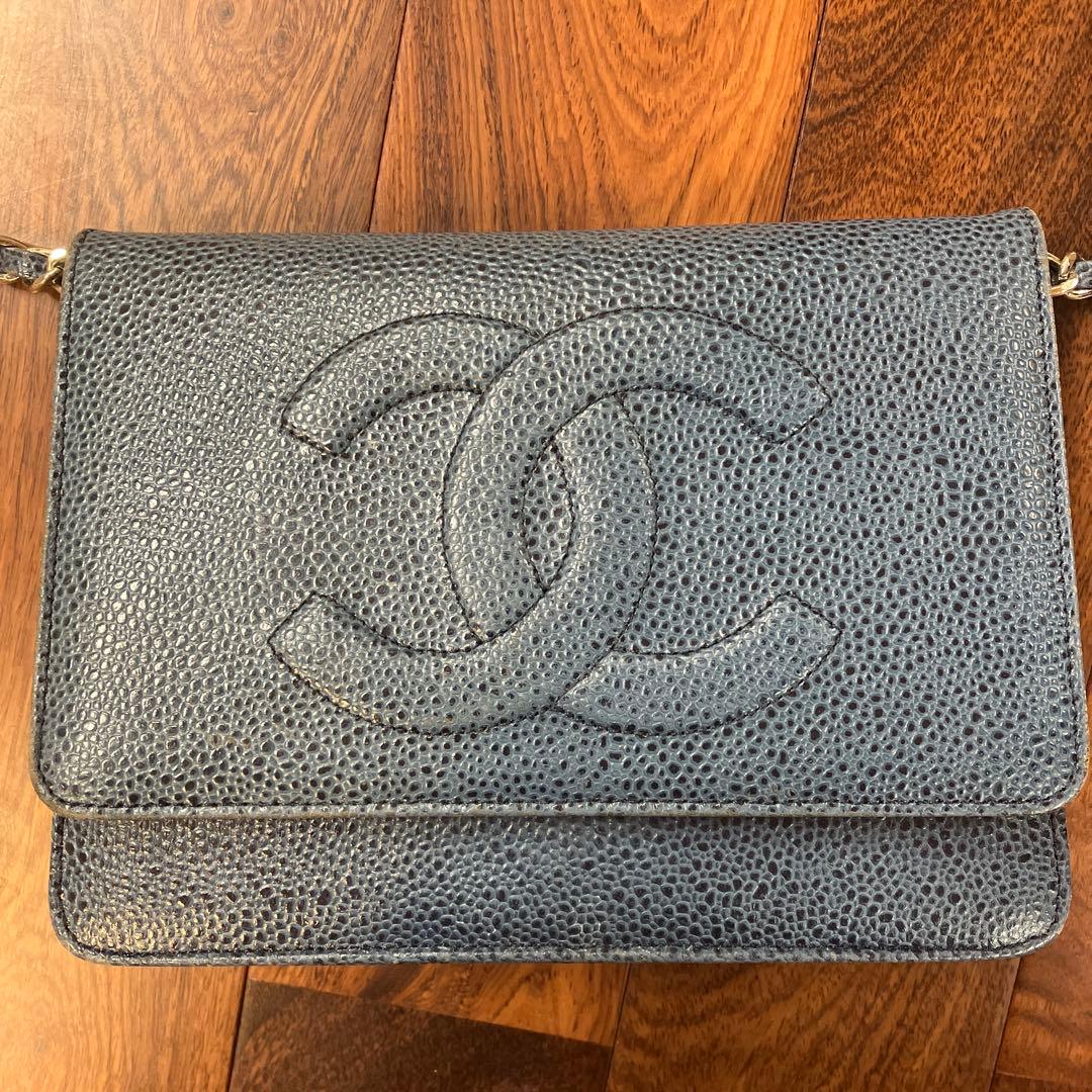 CHANEL シャネル キャビアスキン チェーンウォレット ネイビー