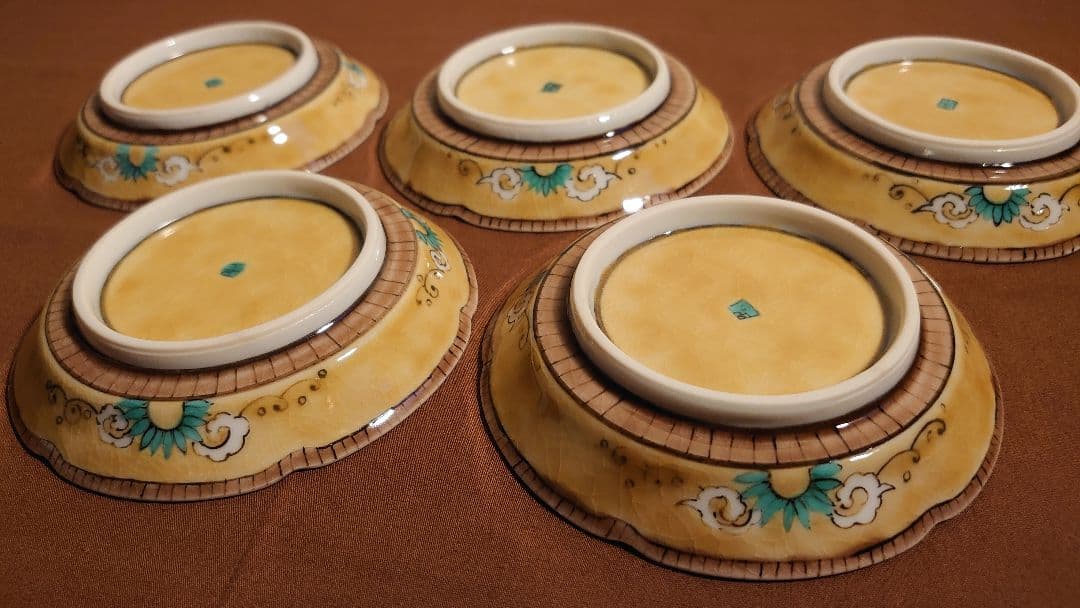 古九谷　九谷焼　青九谷　吉田屋　豆皿　蔵出し　輪華皿　華の図　５種　５客