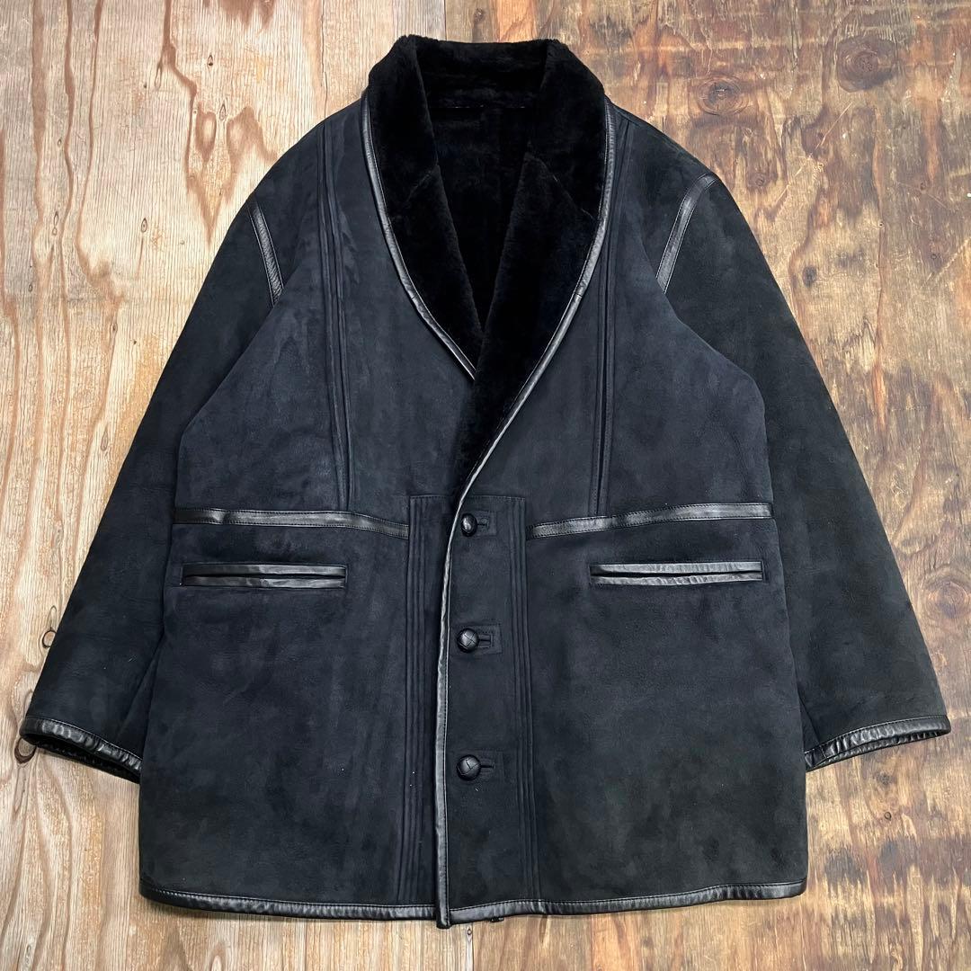 LUCIANO BARBERA レザー ムートン コート ジャケット ネイビー