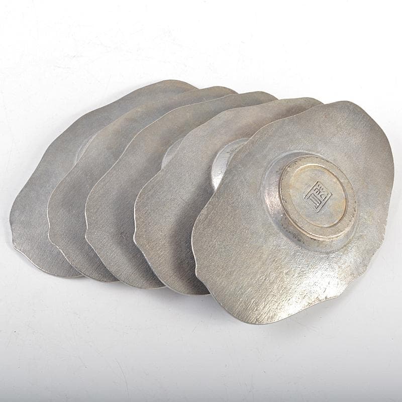 煎茶道具　松月造　純錫　蕉葉式　茶托　五客　合計約514g　箱付　V　R7300