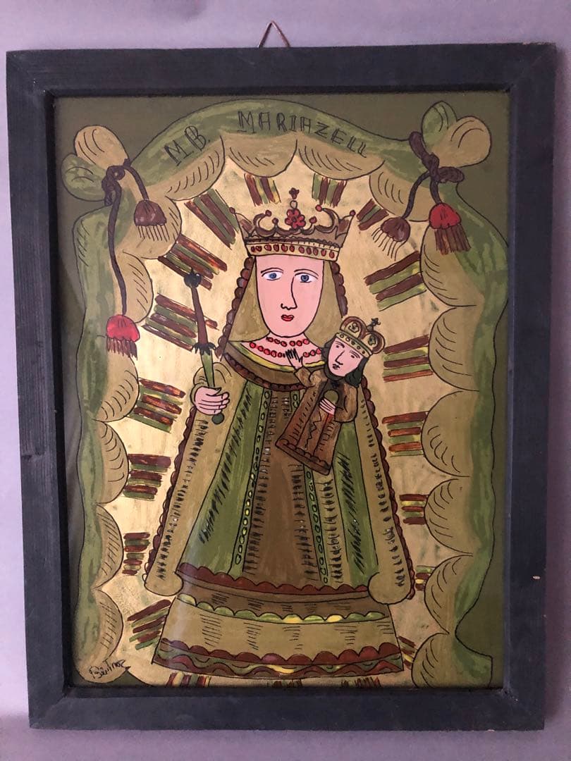 ルーマニア　ガラスイコン　聖母子像　アンティーク　宗教画　キリスト教