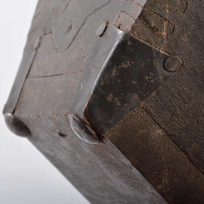 李朝　古民具　唐木製　漢詩刻　鉄金具　持ち手付　小物入　M　R6232