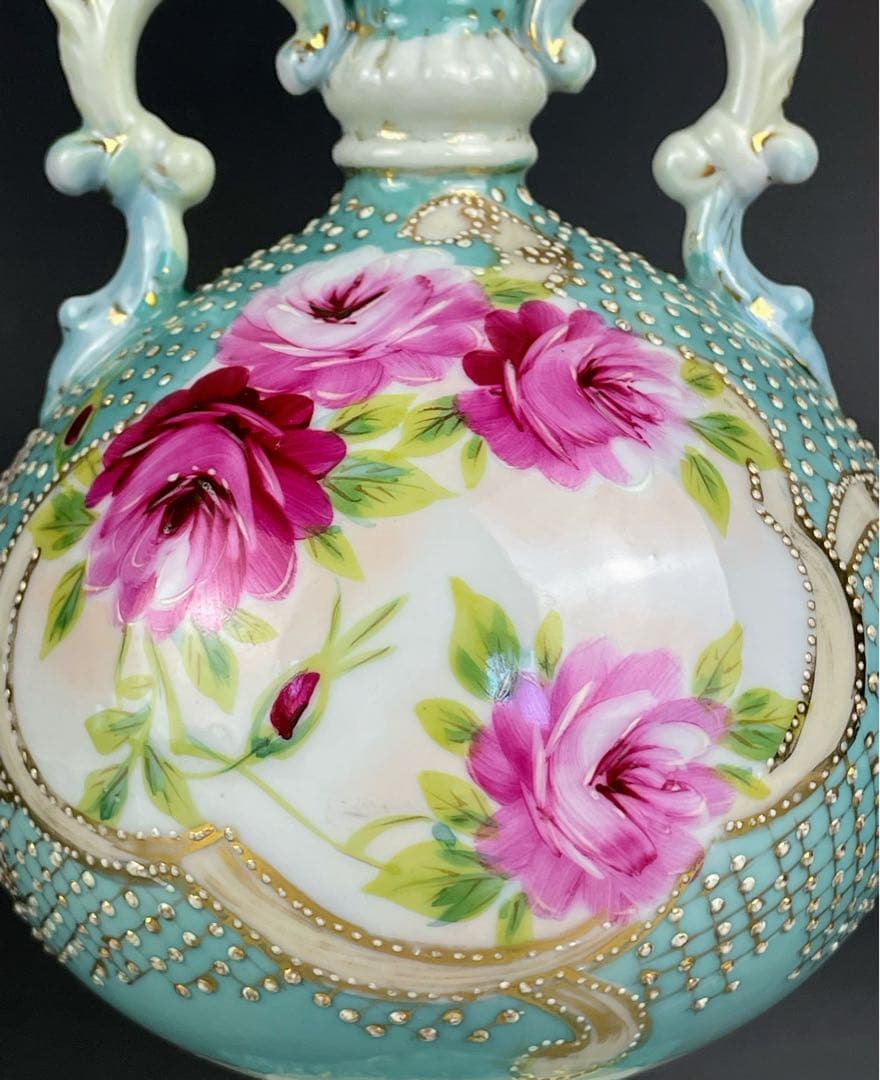 【希少】オールドニッポン 約２３cm アールヌーボー薔薇紋金盛り花瓶 ターコイズ