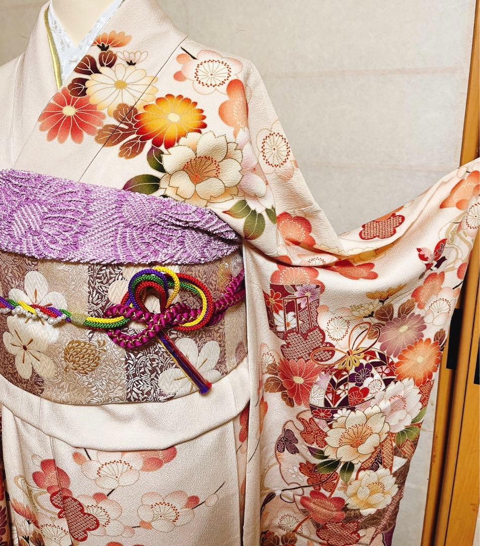 振袖　成人式　卒業式　オフホワイト　クリーム　パープル　袋帯　袴　振袖フルセット