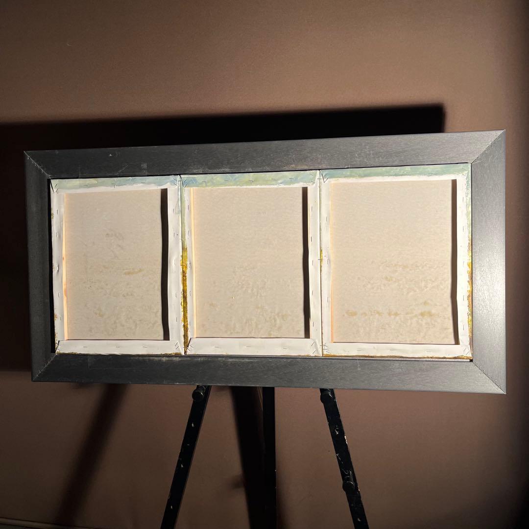 手書き油絵 ３枚組 コスモス畑 肉筆額付 額付き 絵画 インテリア 油彩画