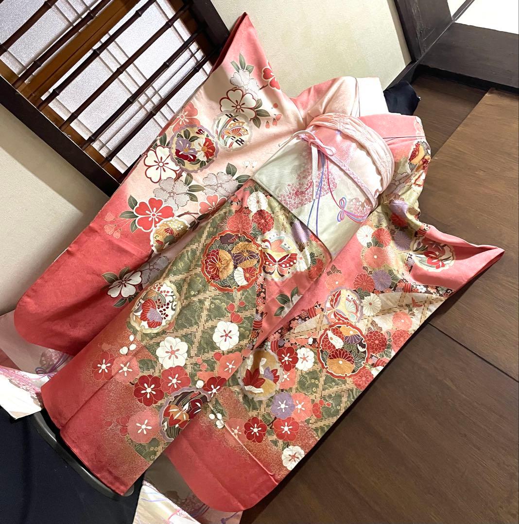 振袖 フルセット6点サイズS〜M 駒刺繍　雪輪花蝶文　金彩　正絹