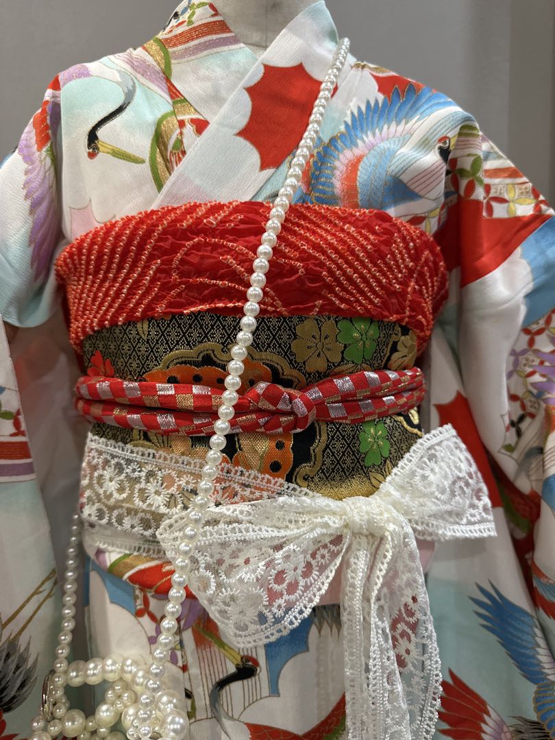 正絹　七五三 赤と白の鶴模様 着物　レトロ　フルセット
