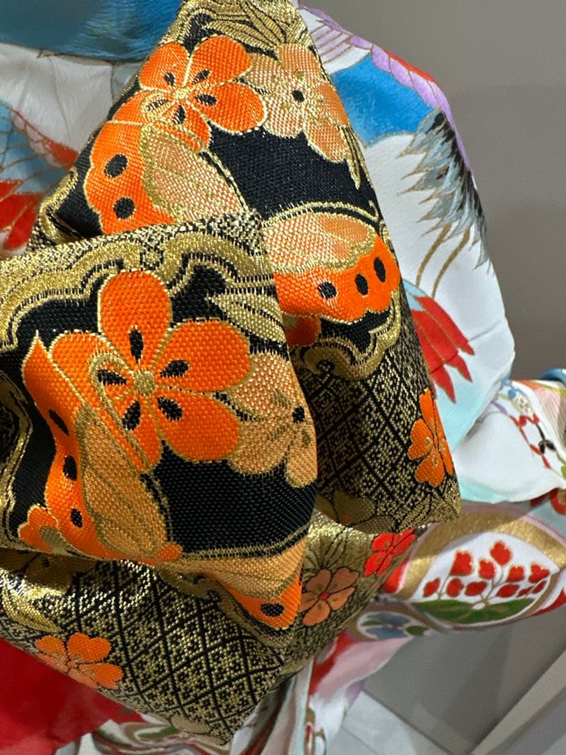 正絹　七五三 赤と白の鶴模様 着物　レトロ　フルセット