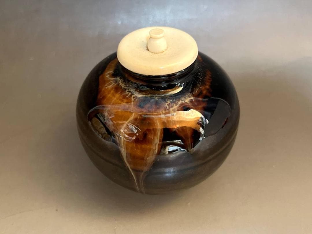 茶入■文琳茶入【洛東定一作】飴釉 糸切高台 お茶道具 古美術 時代物 骨董品■