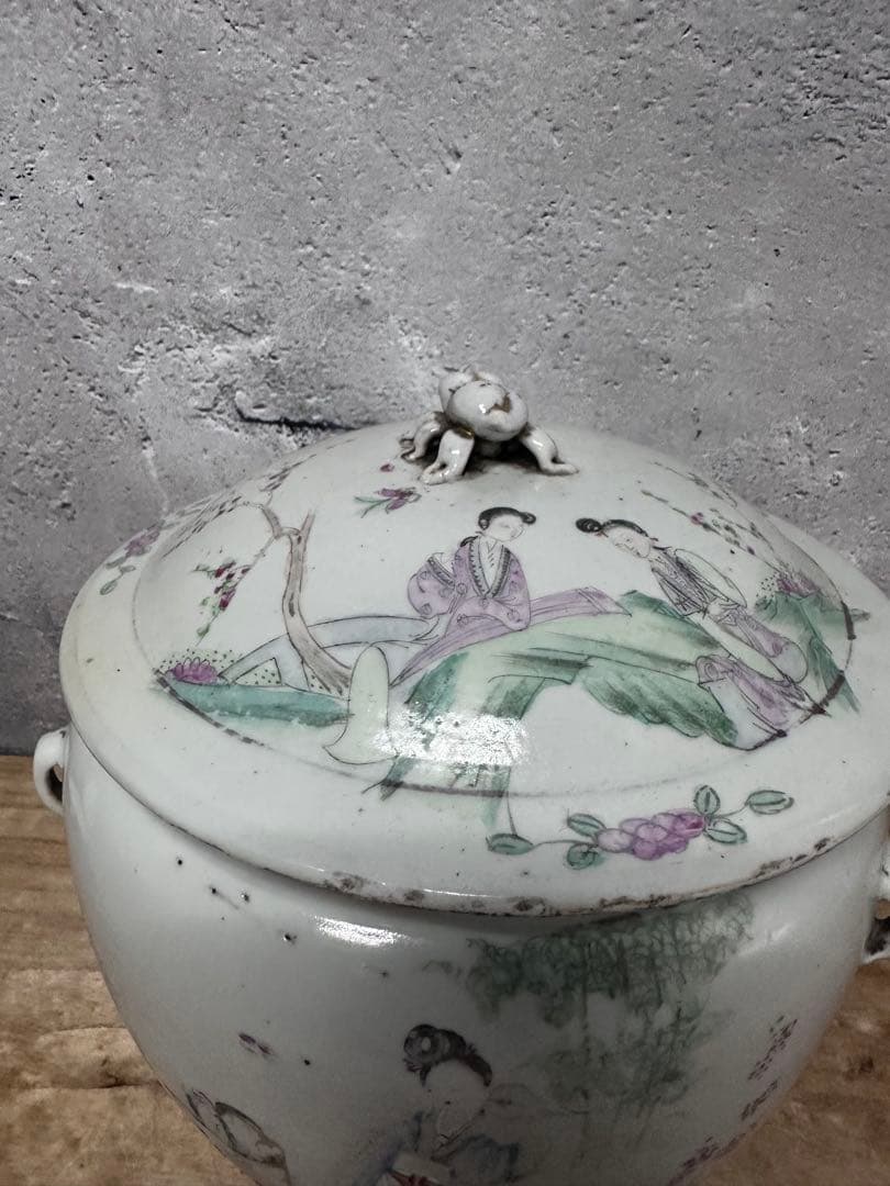 中国美術　粉彩　人物図　漢詩　時代物　アンティーク　古道具　古美術