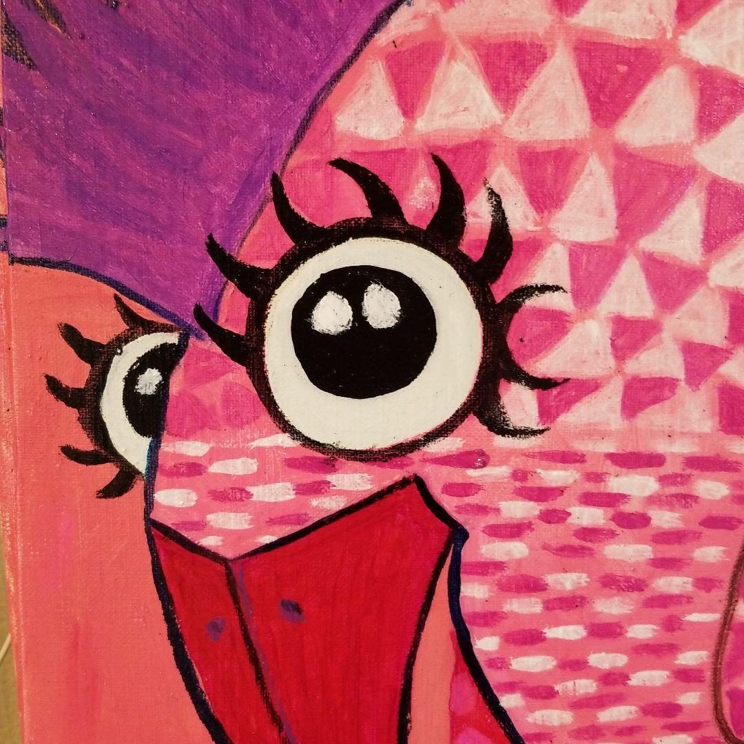 油絵　くーちゃん　バッグをたくさん持つ鳥