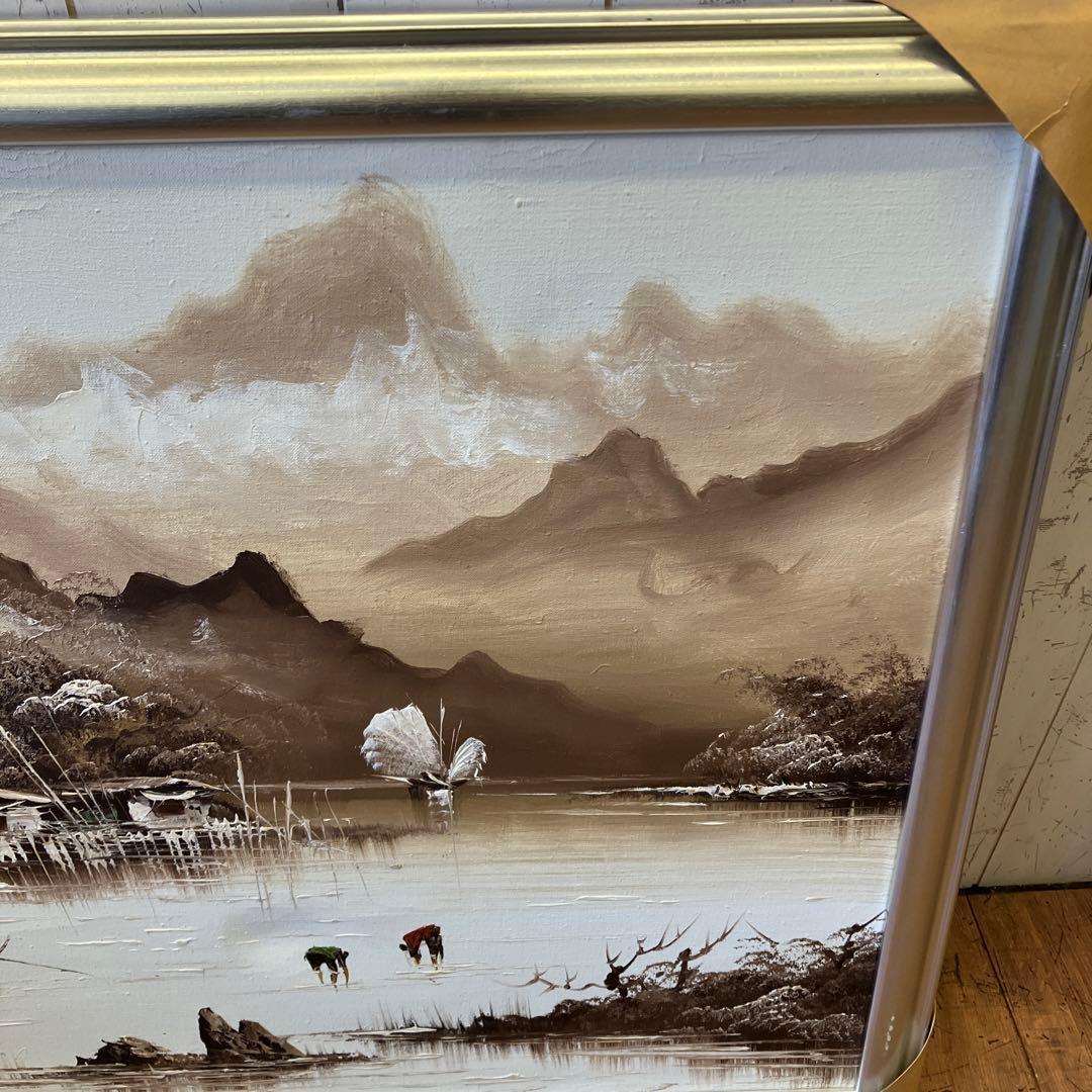 ヴィンテージ 大判 風景画 絵画 油絵 油彩画 舟 帆船 額縁 額装 インテリア