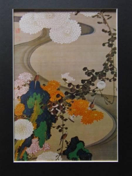 伊藤若沖、菊花流水図、超希少・大判画集画、新品高級額装付