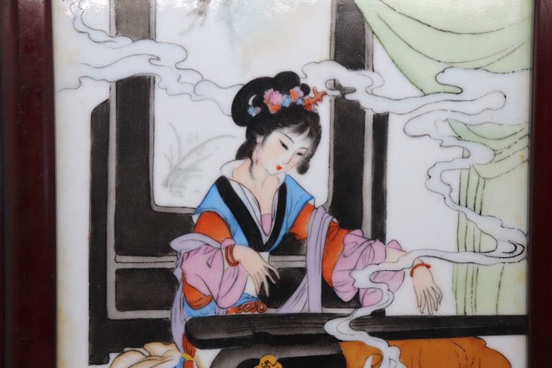 中国　陶板　美人　落款あり　額装　送料込み0310