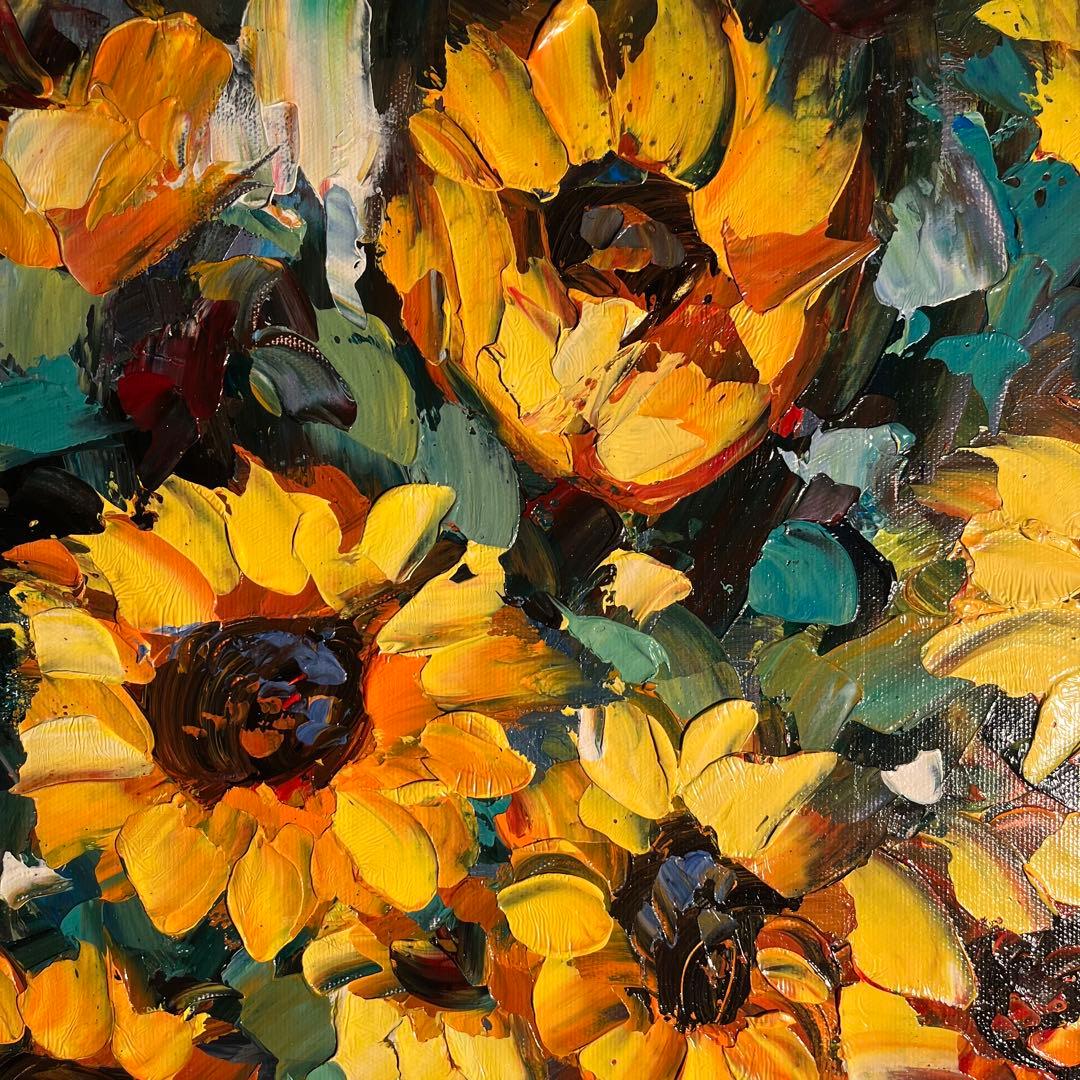 ★秀作★ 手書き油絵 ひまわり 肉筆絵画 インテリア 油彩画