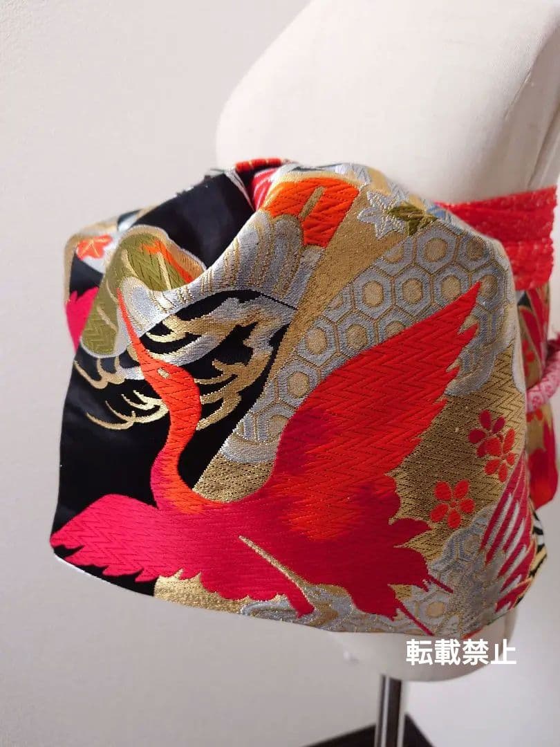 七五三　ハーフ成人式　ジュニア帯　大人用袋帯からの作り帯　鶴柄　1点物　黒