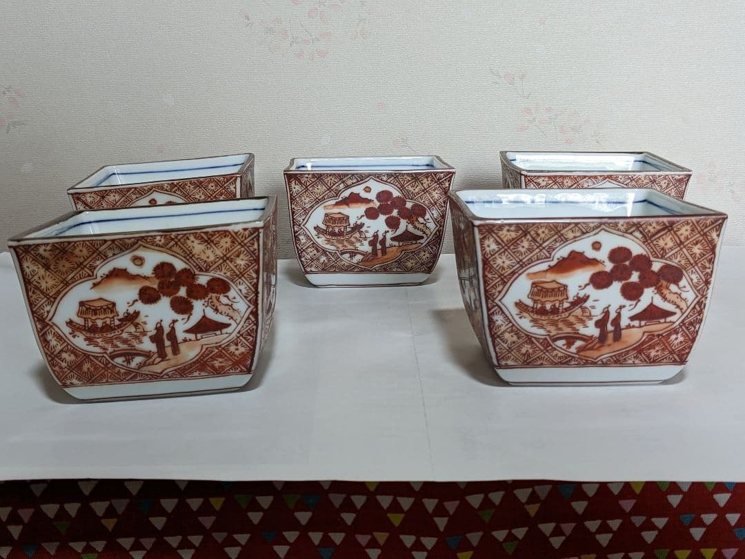 ♦有田焼 胡窯 赤絵 楼閣山水図 四方鉢 向付 九谷焼 茶道具 工芸品 骨董品