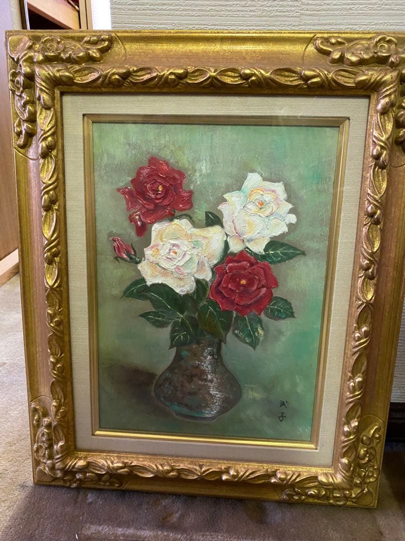 油彩画 バラの花束 金色フレーム 約42cm x 32cm