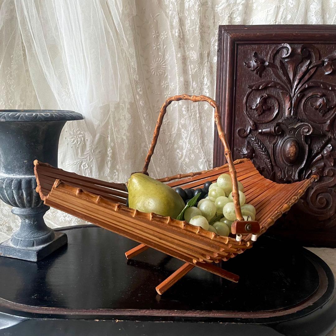 折り畳み式バンブーバスケット　パニエ　竹　北欧ヴィンテージ　デンマークかごカゴ籠