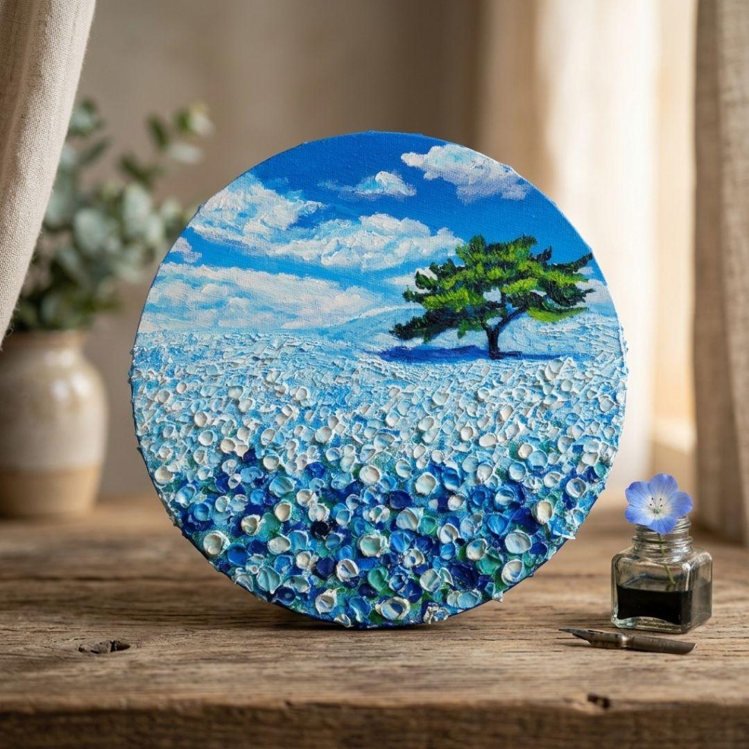 油絵 油彩 油彩画 絵 絵画 円形【ネモフィラの丘】