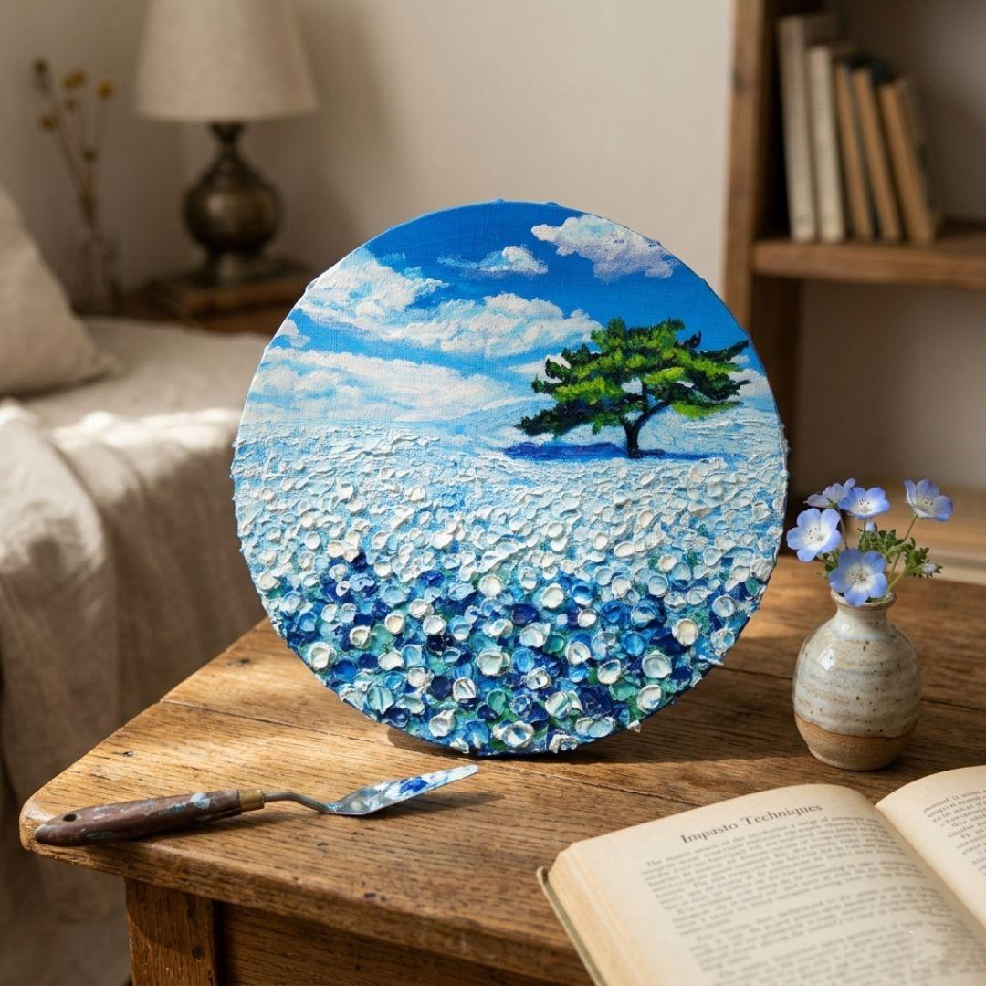 油絵 油彩 油彩画 絵 絵画 円形【ネモフィラの丘】