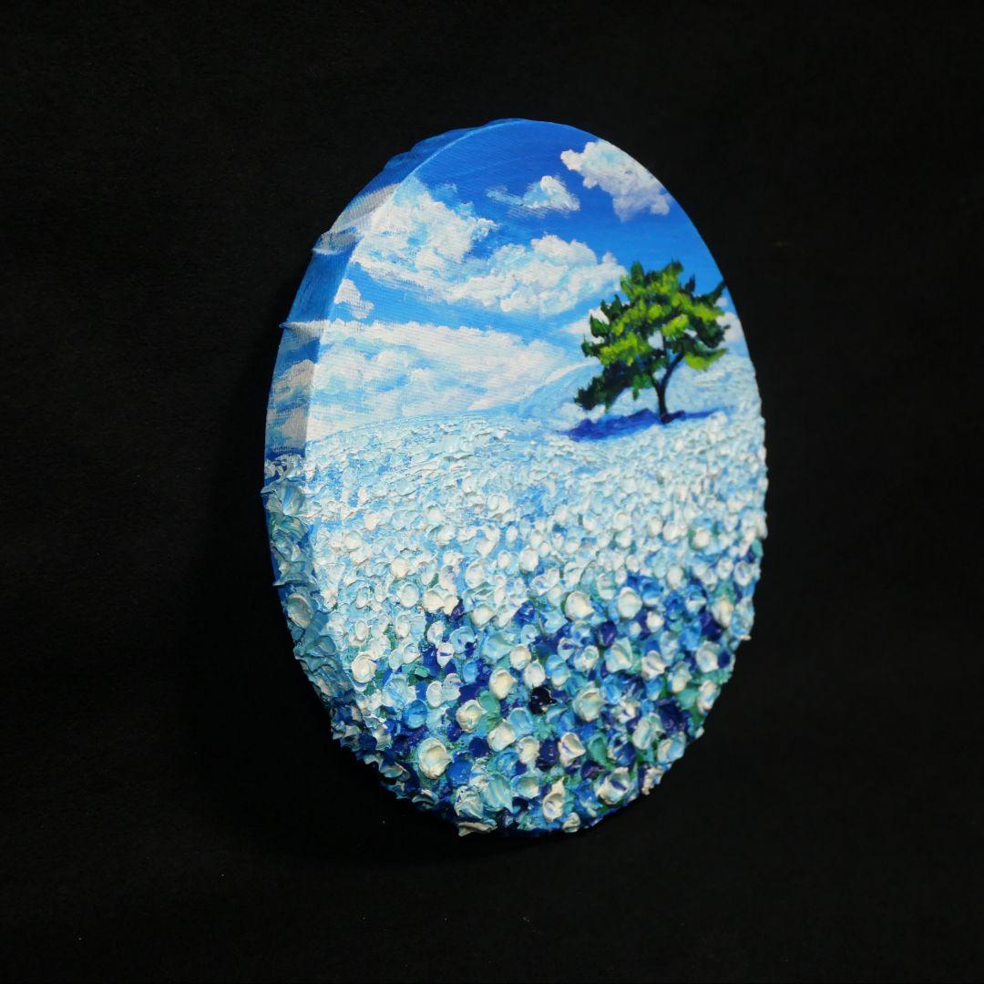 油絵 油彩 油彩画 絵 絵画 円形【ネモフィラの丘】