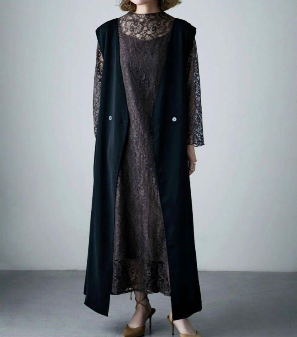 【etoll.】ロングジレレイヤードレースワンピース チャコール お呼ばれドレス