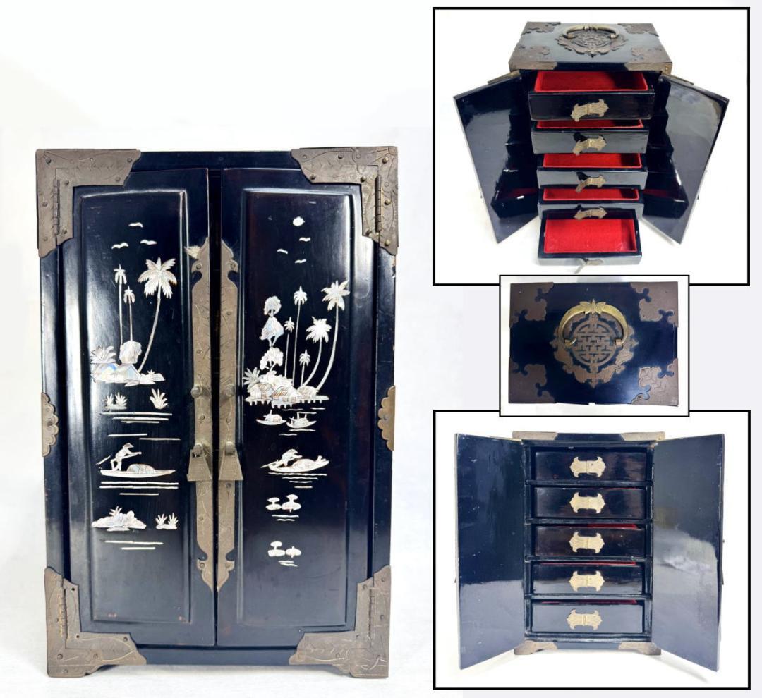 ビンテージ家具 木製青貝螺鈿細工 福禄寿全百宝嵌観音扉黒漆小棚 WWWT090