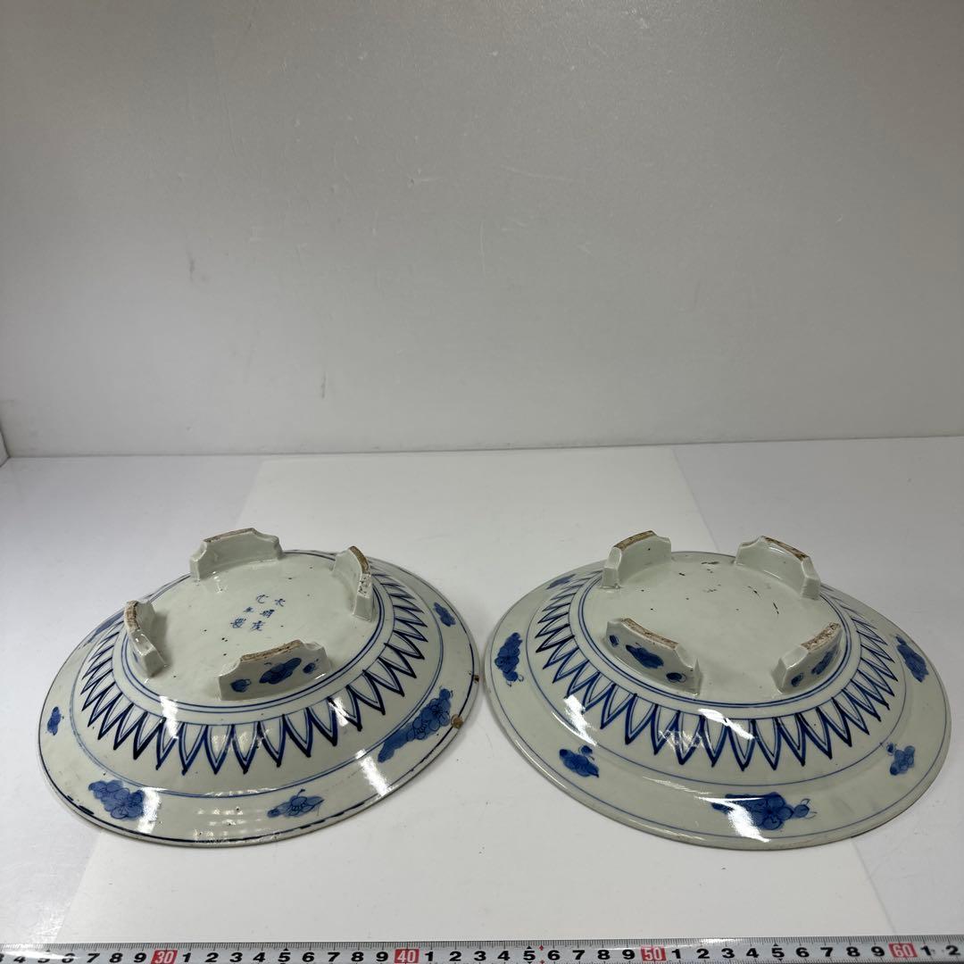 古伊万里　染付台皿2枚　木箱付　直径約25㎝東Y7-0424☆2Fトヒトカ