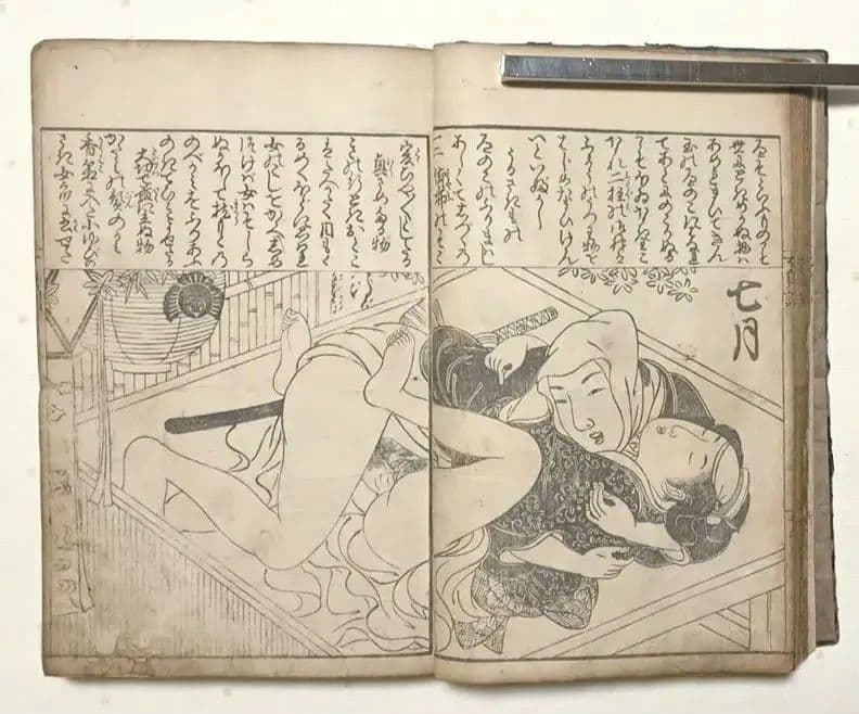貴重春画大型本黒摺版画、女貞訓下所文庫月岡雪鼎画、明和5年頃出版（1768頃)