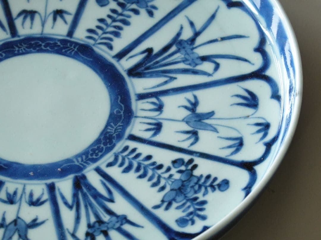 江戸時代　中期　古伊万里　染付　墨弾き　草花文　皿　6客　リム皿　七寸皿　中皿
