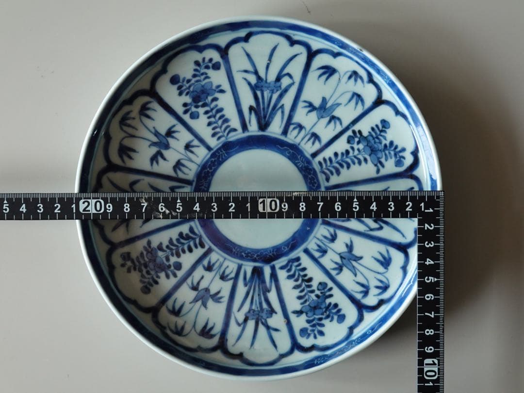 江戸時代　中期　古伊万里　染付　墨弾き　草花文　皿　6客　リム皿　七寸皿　中皿