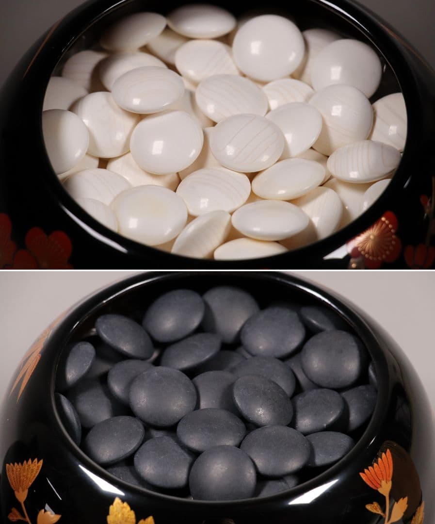 M937 輪島塗 柿木章作 四君子鷺烏蒔絵 碁器一対 木製 黒塗 内梨地 共箱