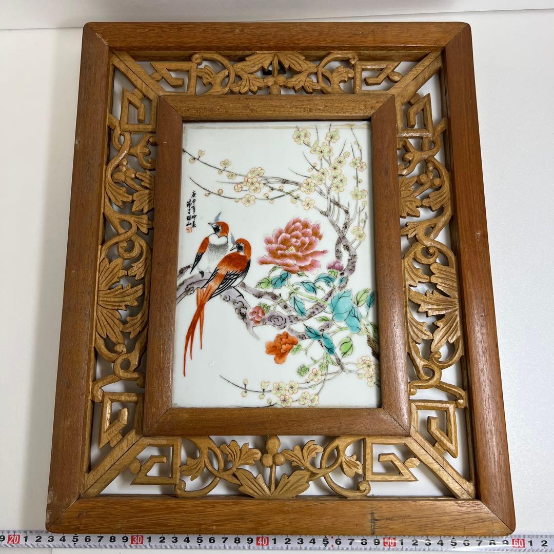 中国美術　粉彩花鳥文陶板画　東Y7-0902⭐︎2Fトヒト