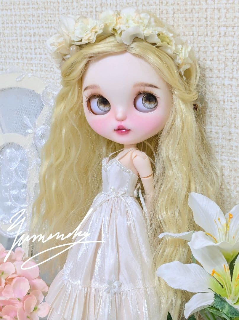カスタムアイシードール ❀被せるウィッグ付き ドレス 花かんむりセット ❀