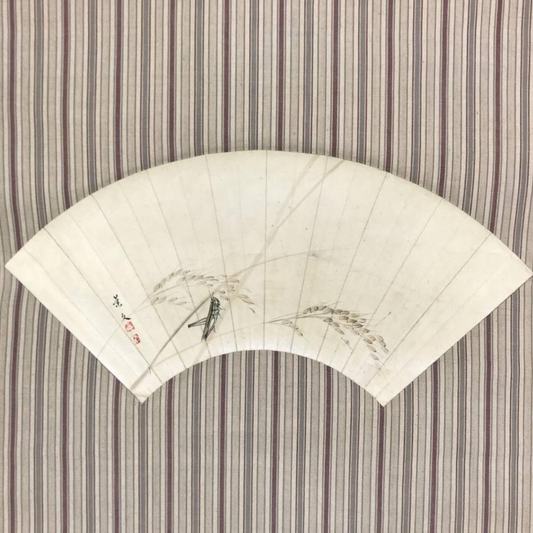 【真作】松村景文/扇面/稲穂バッタ図/秋図/花鳥図/掛軸/名家伝来/AD-284