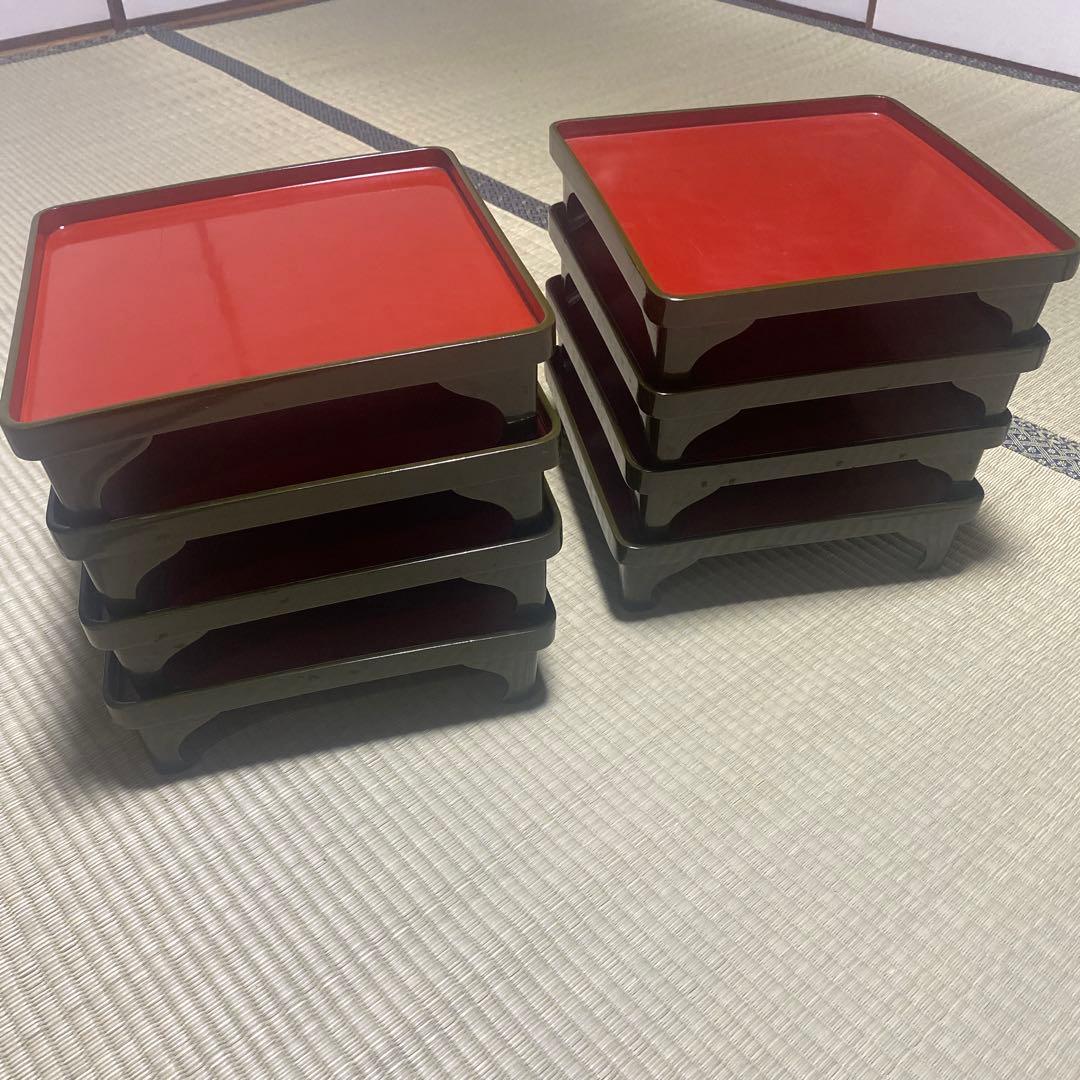 木製脚付お膳　8客　懐石　茶道具　古物　側面ウグイス色　ビンテージ