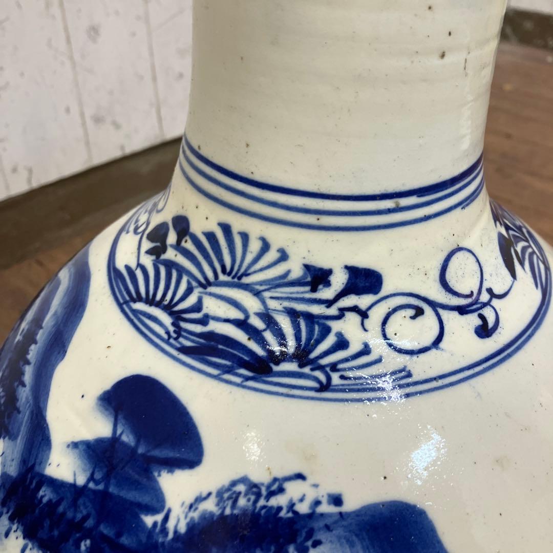 C-5 昭和レトロ 特大 染付 山水画 飾り壺 花瓶 骨董 古美術 インテリア