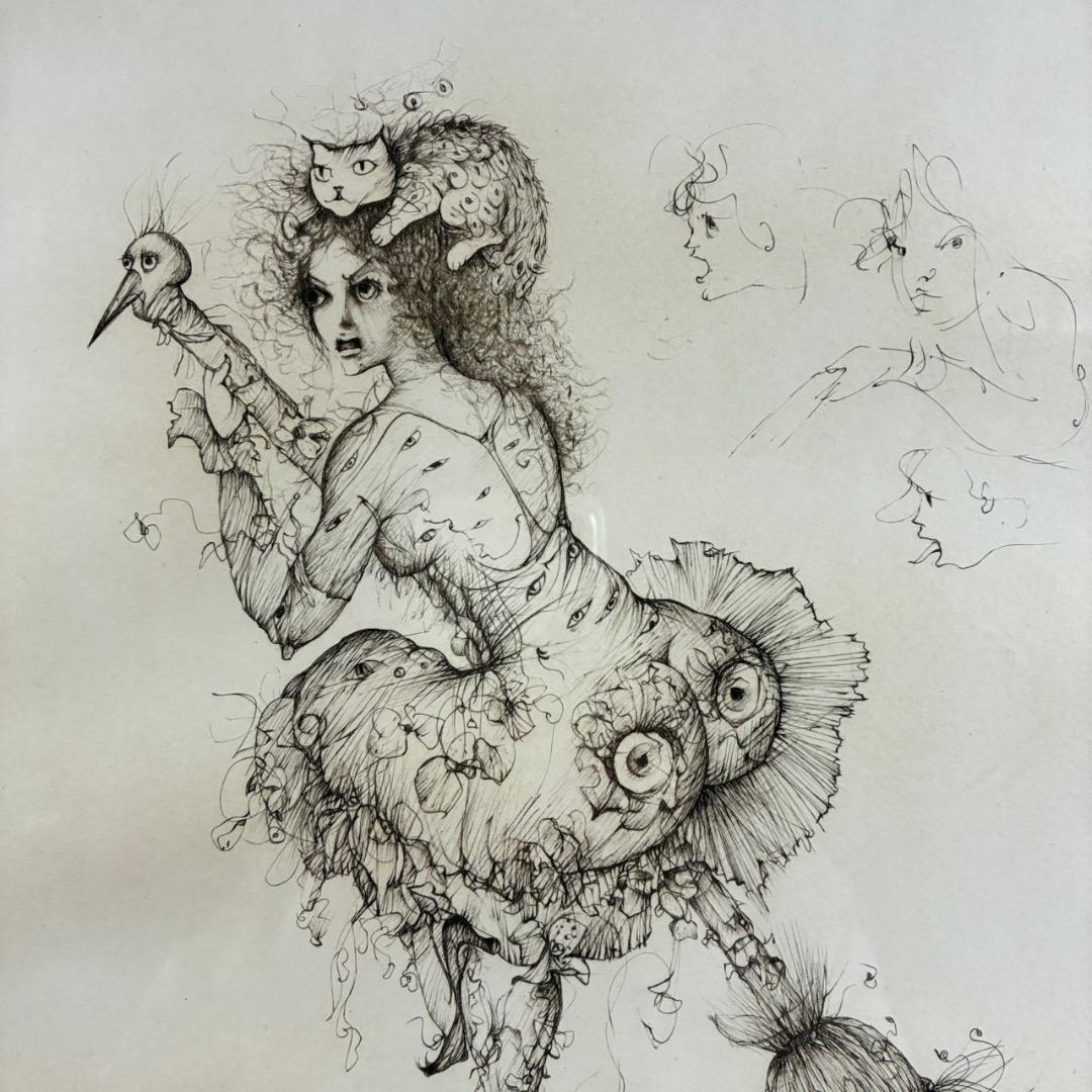 レオノール・フィニ「ほうきの妖精」ドライポイント版画 直筆サイン入 エンボス印有