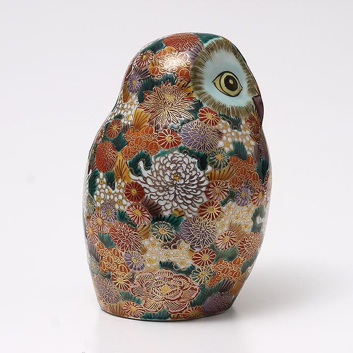 九谷焼 フクロウの置物 陶三九谷落款 高さ17cm 伝統工芸 縁起物　中古美品