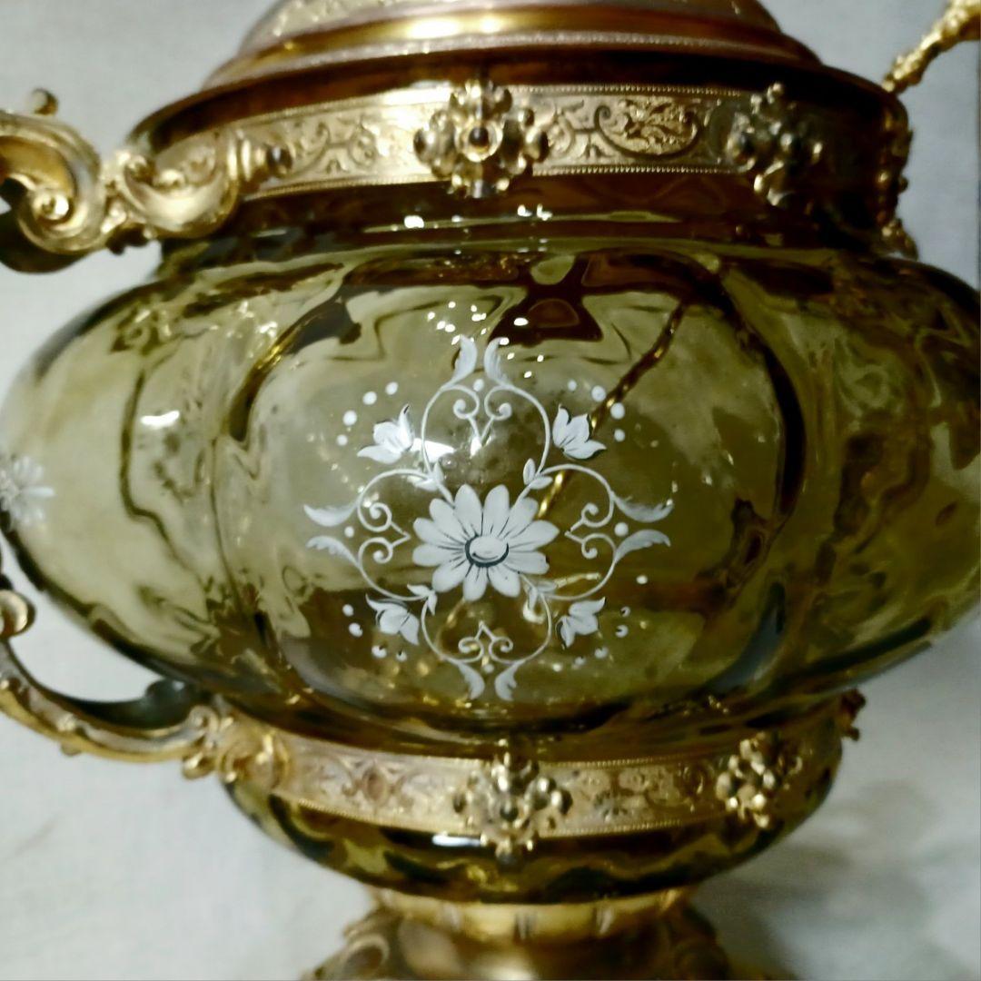 年代物 西洋アンティーク 特大 装飾 ガラス スープジャー 金工 彫刻 彫金