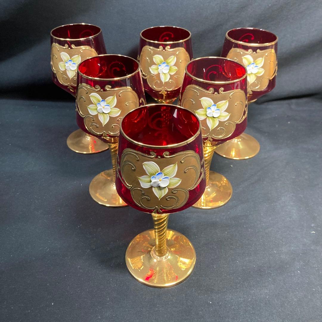 【美品】ボヘミアングラス デキャンタ ワイングラス6個 レッド 金彩 ガラス工芸