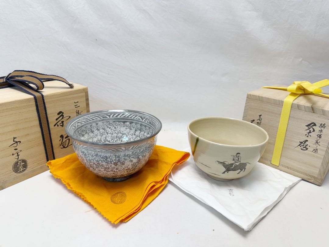 未使用 茶道具 与平作 三島茶碗 、寒川義崇作 高槻古曽部焼 騎牛帰家図茶碗