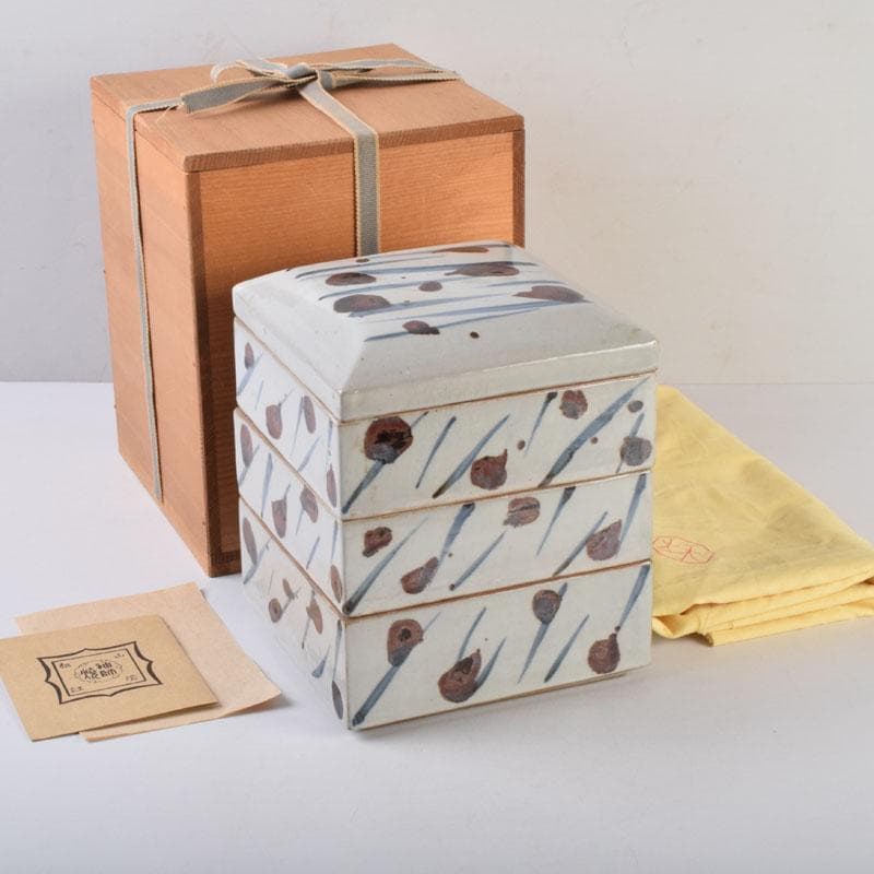 和食器　袖師焼　四代　尾野晋也作　呉須文　重箱　共布共箱　V　8774